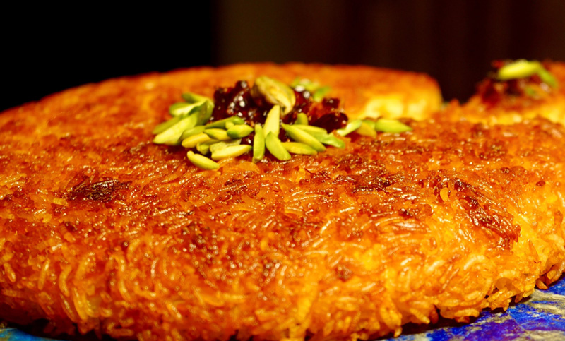 Photograph vegetarian tahchin from Angela Cohan's cookbook