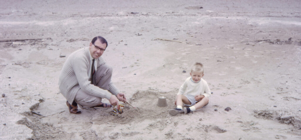 The Mood Swing: A Love Letter to Grieving Kids, by B.R. Duray. Photograph of vintage father and son at beach by Annie Spratt